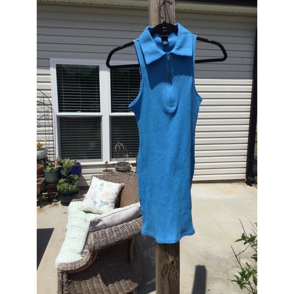Wild fable womens ribbed sleeveless mini dress S small NEW blue zipper 90s Y2K
